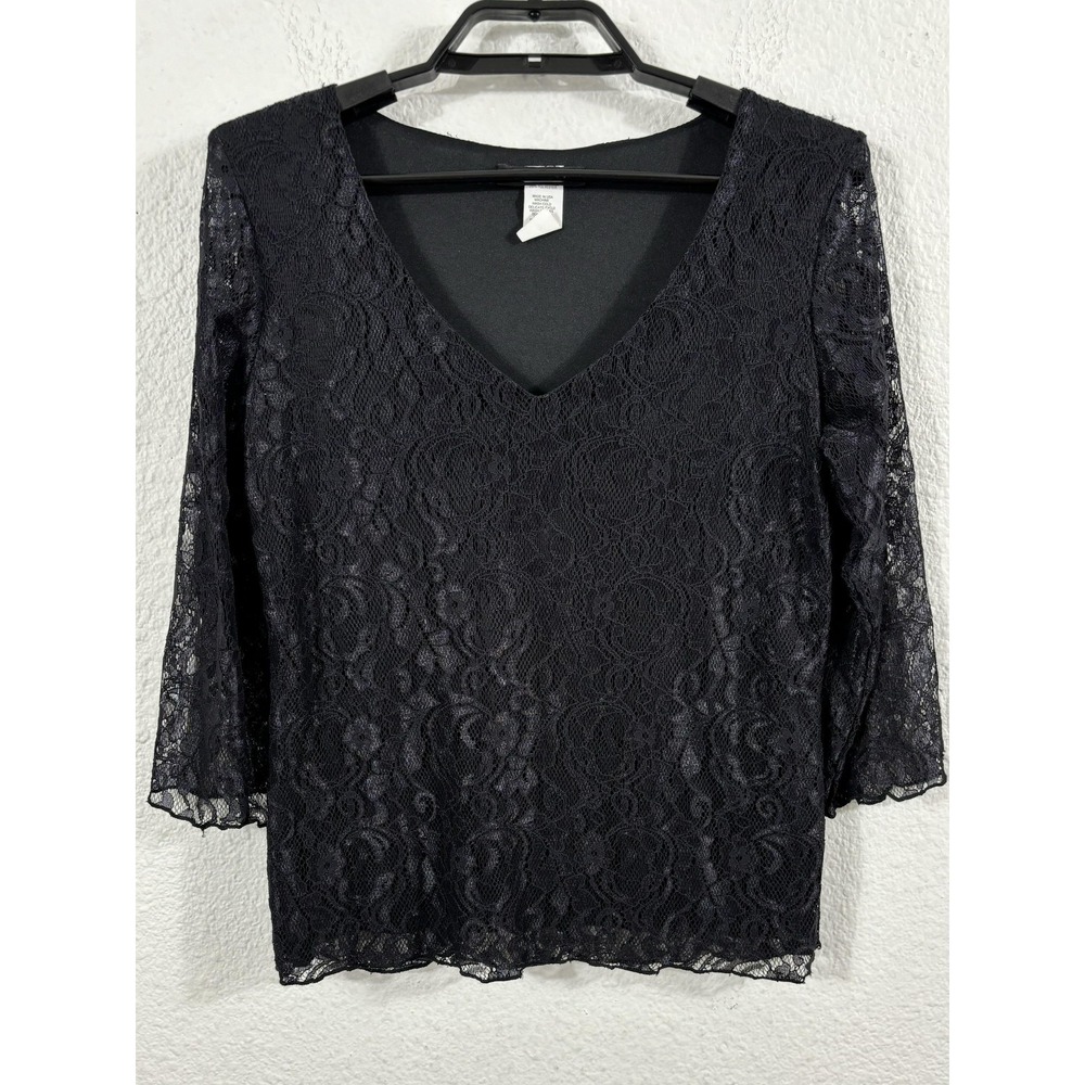 Vintage Jonden Shirt Womens Medium Black‎ Lace V-Neck 3/4 Sleeve Made USA 90s